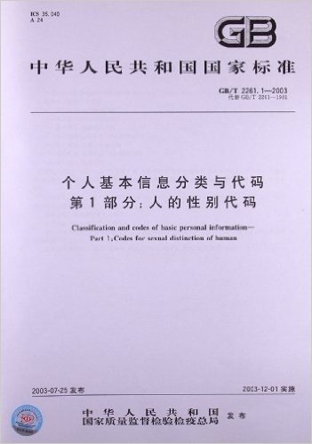 个人基本信息分类与代码(第1部分):人的性别代码(GB/T 2261.1-2003)